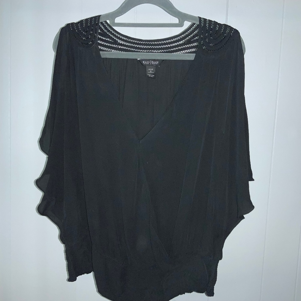 White House black market black silk top Sz L flutter sleeve crochet neck detail